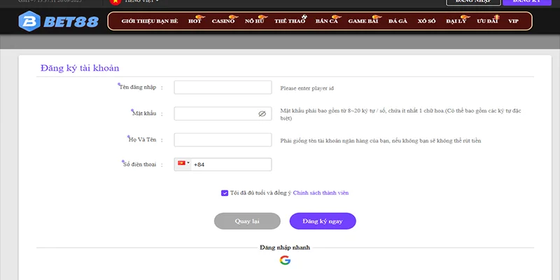 Hướng dẫn đăng ký tài khoản Bet88